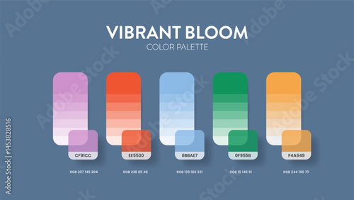 Color palette guide in Vibrant bloom colour theme collections. Color inspiration or chart with codes template. Color combination RGB. Colors swatches for graphic design, art, fashion, web or painting.