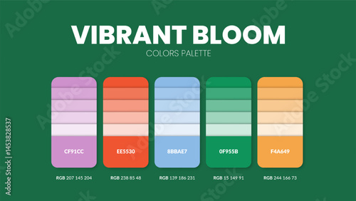 Color palette guide in Vibrant bloom colour theme collections. Color inspiration or chart with codes template. Color combination RGB. Colors swatches for graphic design, art, fashion, web or painting.