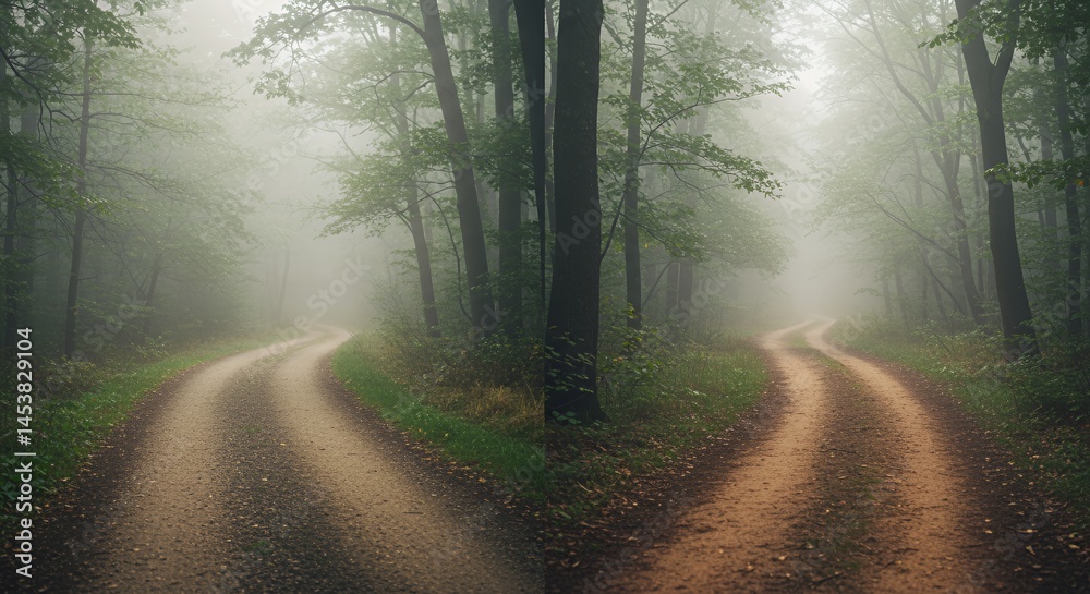 Obraz premium Misty Forest Path: A Fork in the Road
