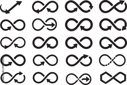 Infinity loop icons with various arrow styles representing endless, repeat, or continuous flow