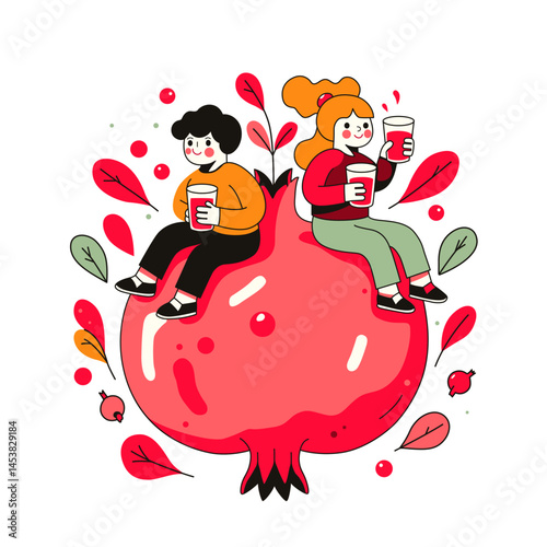 Boy and girl sitting on a huge grapefruit and holding glasses of juice. Color illustration in flat vector style.