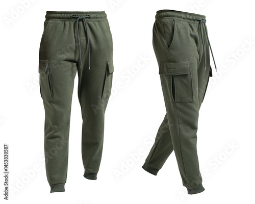 men's olive green or army green jogger pants isolated on transparent background