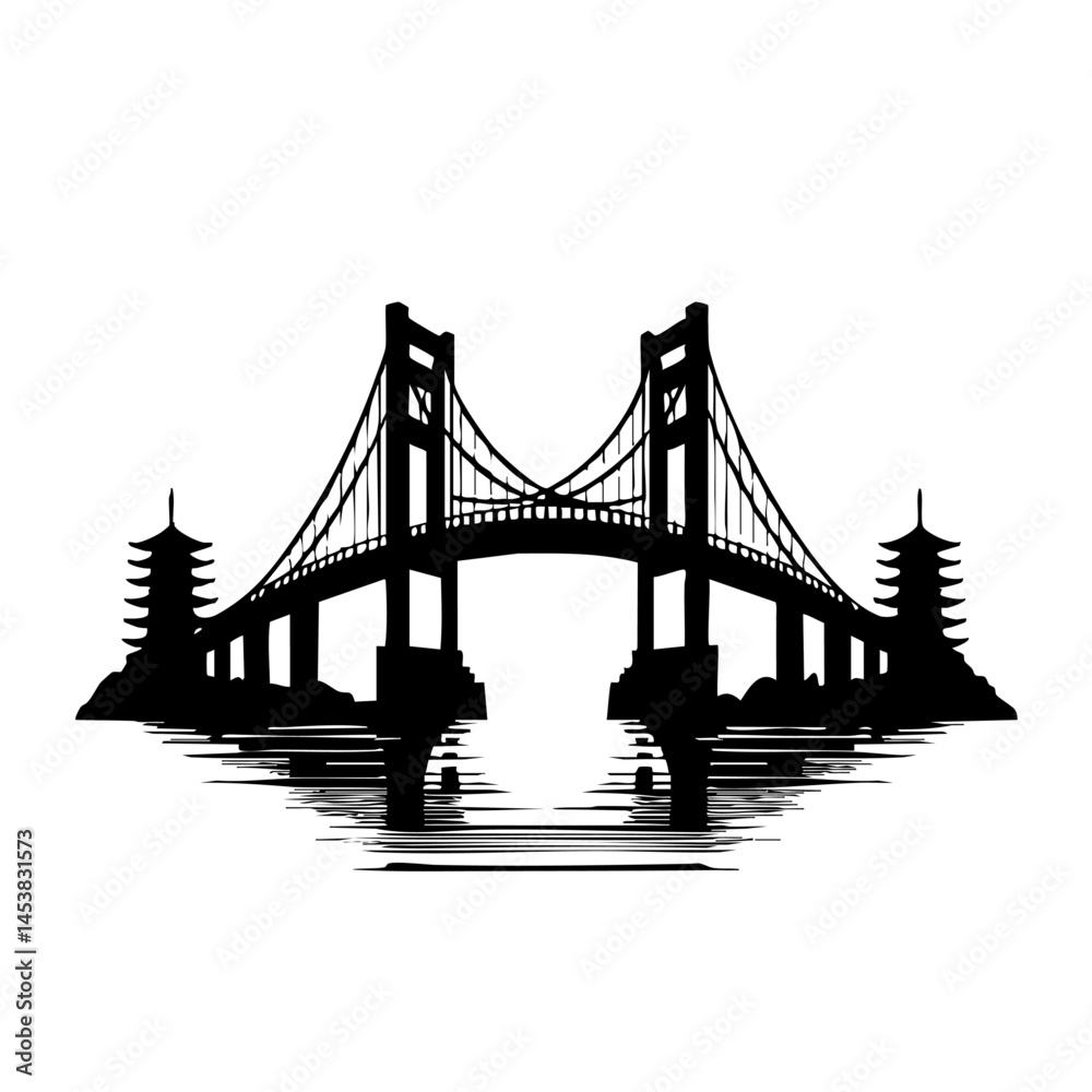 Obraz premium Serene Suspension Bridge at Night: Japanese Cityscape Silhouette