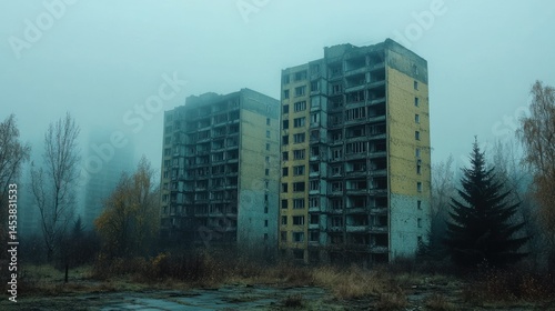 Under a thick blanket of fog, a decrepit city stands silent, its hollow structures an eerie echo from a post-apocalyptic world.