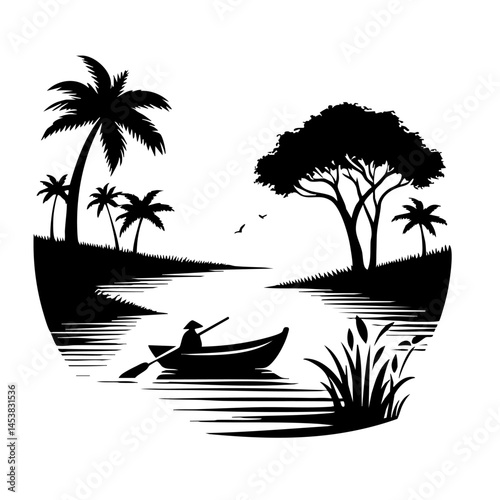 Serene Tropical River Landscape: Boatman's Peaceful Journey