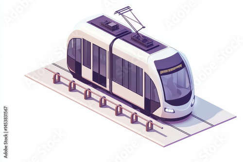 Isometric tram on road, white background, 3D modern cartoon style, sleek design art.