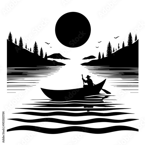 Serene Lake Landscape: Man Rowing Boat at Sunset
