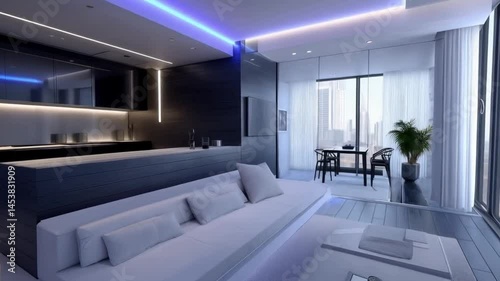 A contemporary design featuring comfortable furniture defines this modern living room, office, and hotel interior