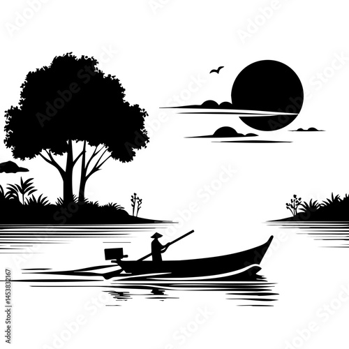 Serene Landscape: Fisherman on a River at Sunset