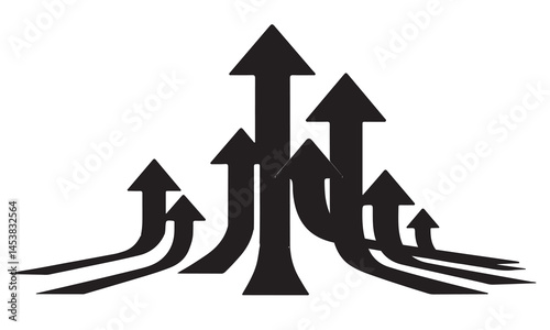 A striking, black and white graphic design features multiple upward-pointing arrows, arranged in a clustered, dynamic structure, suggesting growth, progress, and positive momentum.