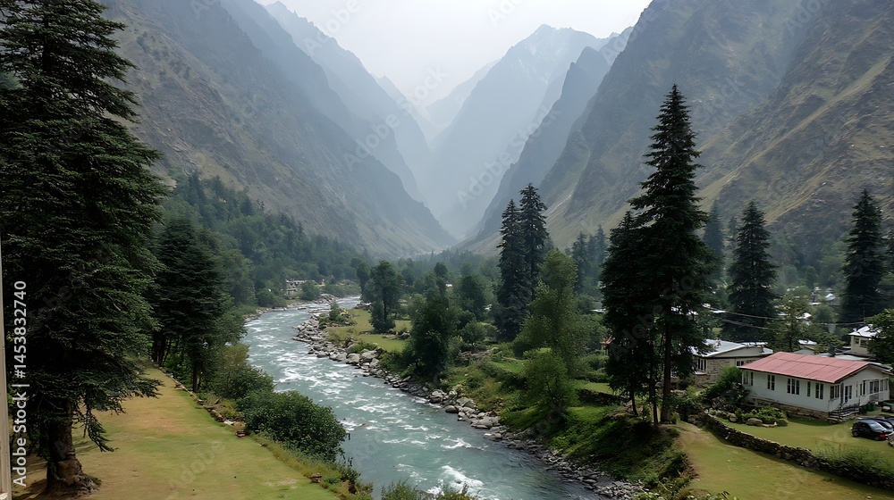 Obraz premium Mountain Valley River Town.