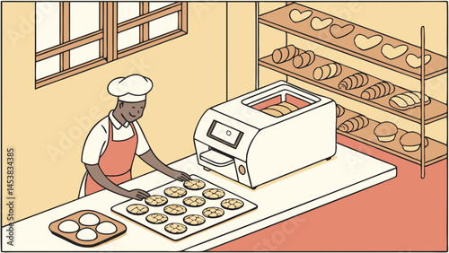 3D Render Smiling Baker arranging freshly baked cookies on tray in cozy bakery setting, surrounded by various bread types