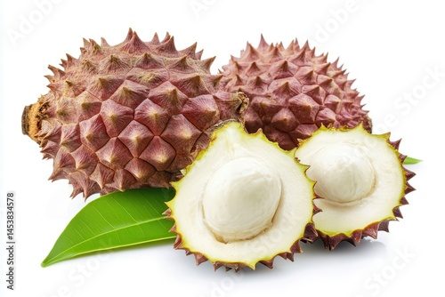 Freshly cut durian fruit showcasing its creamy interior, placed on a vibrant green leaf