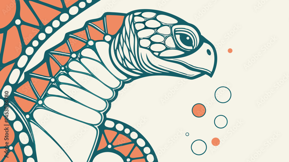 Closeup of intricate three dimensional turtle illustration with bubbles, showcasing detailed patterns and colors
