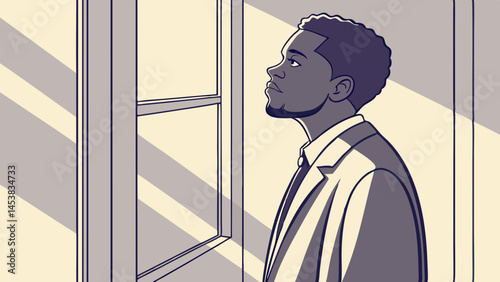 Thoughtful man gazes out of window, dressed suit, with soft light casting shadows around him, evoking sense of contemplation