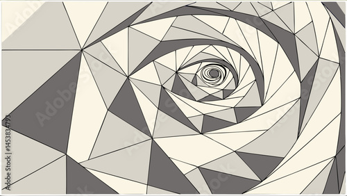 Digital art piece featuring abstract spiral design with geometric shapes shades of gray and cream, evoking sense of depth