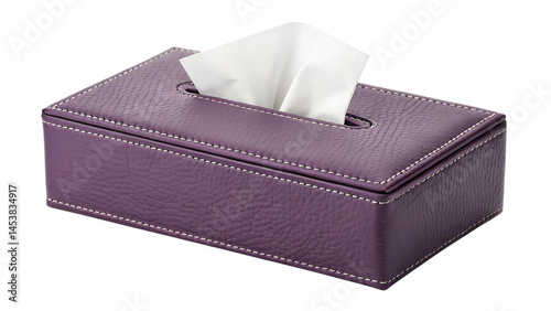Elegant purple leather tissue box with white tissue on a black background