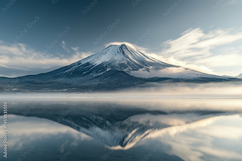 Fototapeta premium Majestic Mount Fuji reflected in a still lake under a star-filled sky.. Beautiful simple AI generated image