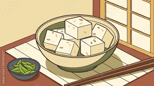 Fresh cubes of tofu in rustic ceramic bowl, accompanied by green leaves, evoke sense of tranquility and simplicity