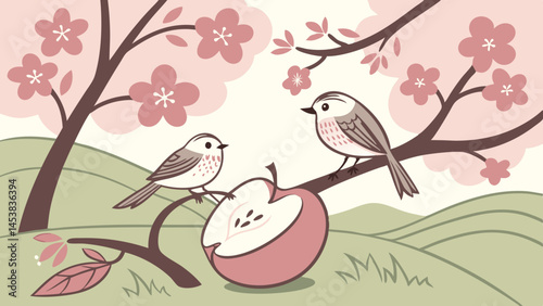 Cute little birds perched on branch near pink apple, surrounded by blooming flowers and rolling hills, create serene scene