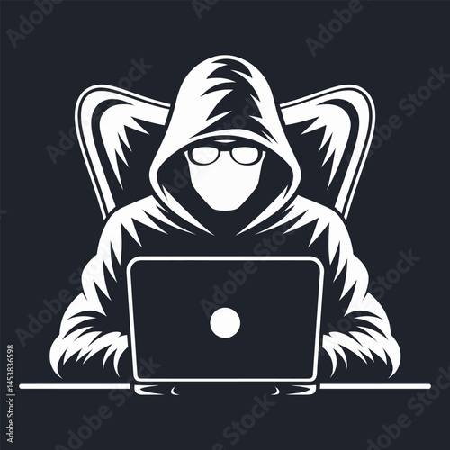 Stylized hacker silhouette with a laptop, illustrating digital security themes