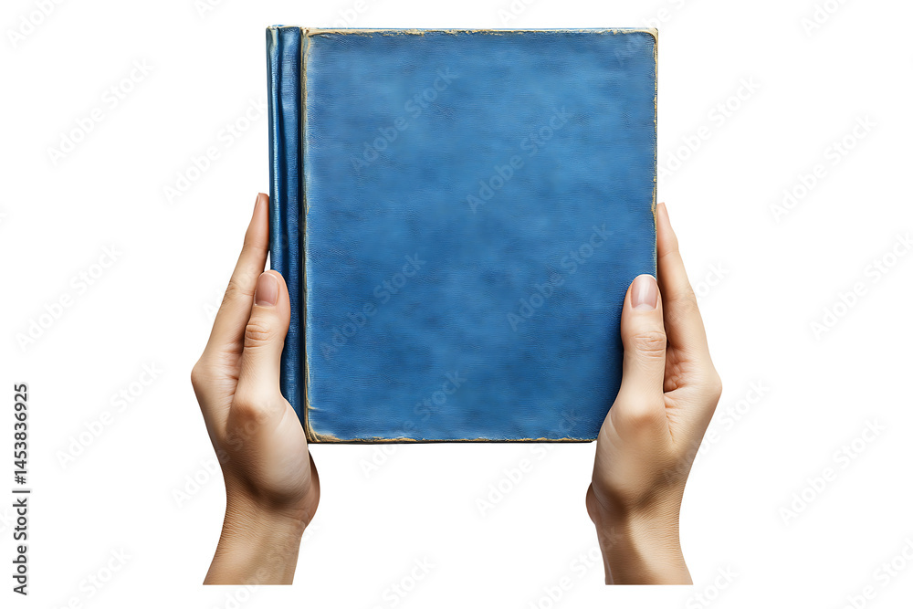 Obraz premium Hands holding open blue cover book isolated on transparent background.