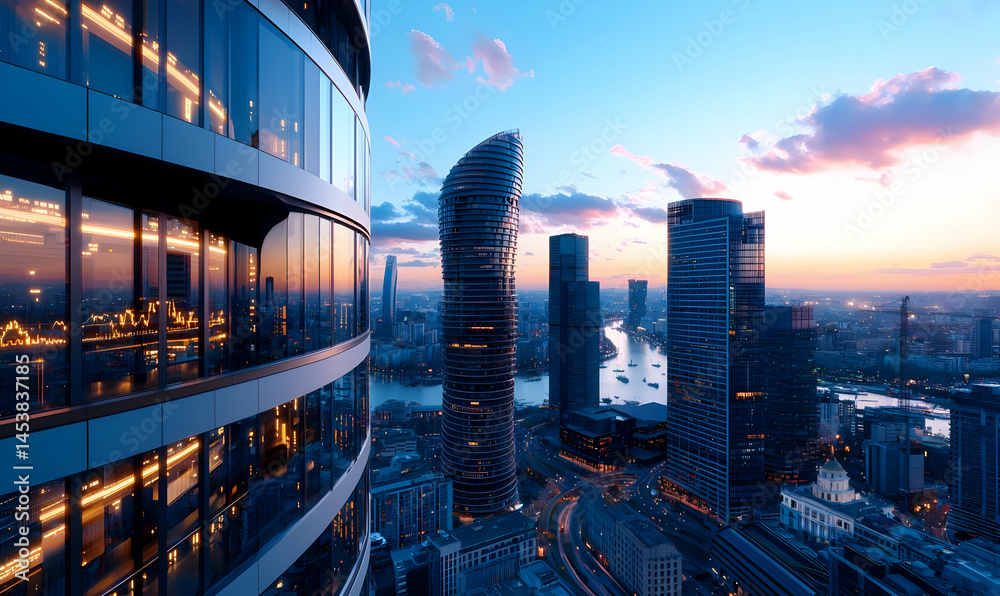 Obraz premium Modern Cityscape at Dusk with Reflections and Dramatic Sky Colors