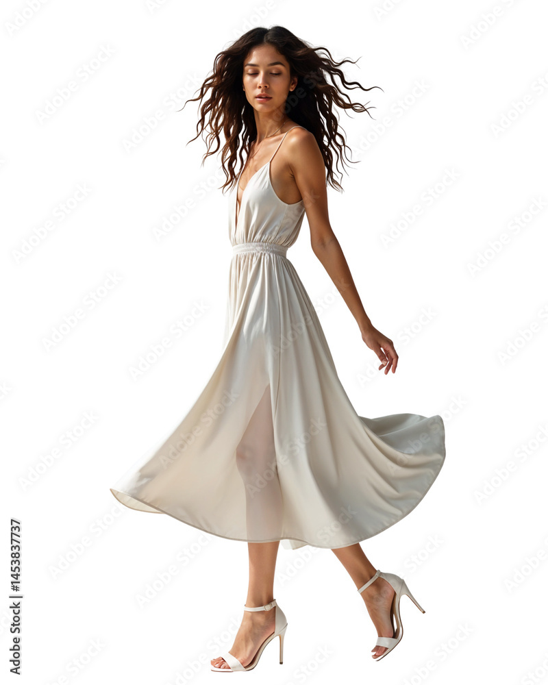 Elegant Minimalist Fashion Model Walking in Flowing Dress Elegant Minimalist Fashion Model Walking in Flowing Dress