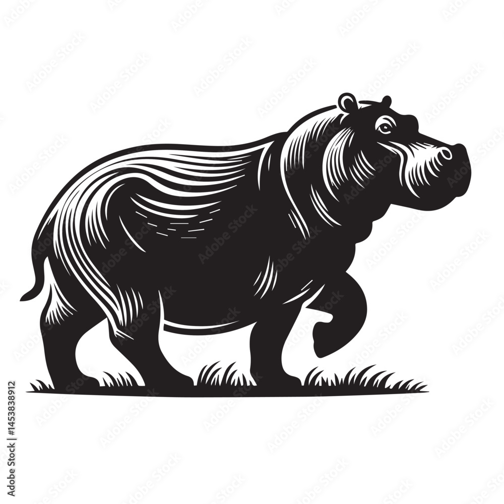 Fototapeta premium Hippopotamus silhouette illustration vector design, A hippopotamus silhouette vector illustration, Hippopotamus silhouette illustration vector design, hippos set silhouette on white background vector.