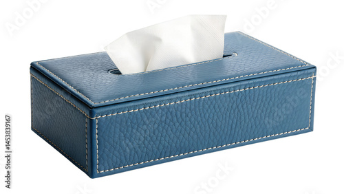 Blue leather tissue box cover with white tissues on black background