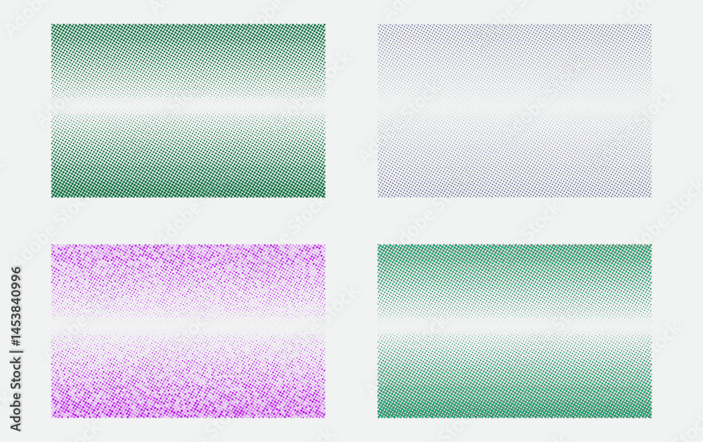 Obraz premium Realistic vector multicolour halftones set on geometric background with dotted patterns, dotted textures, and circular dotted effects. Trendy abstract graphic halftone art and creative designs.