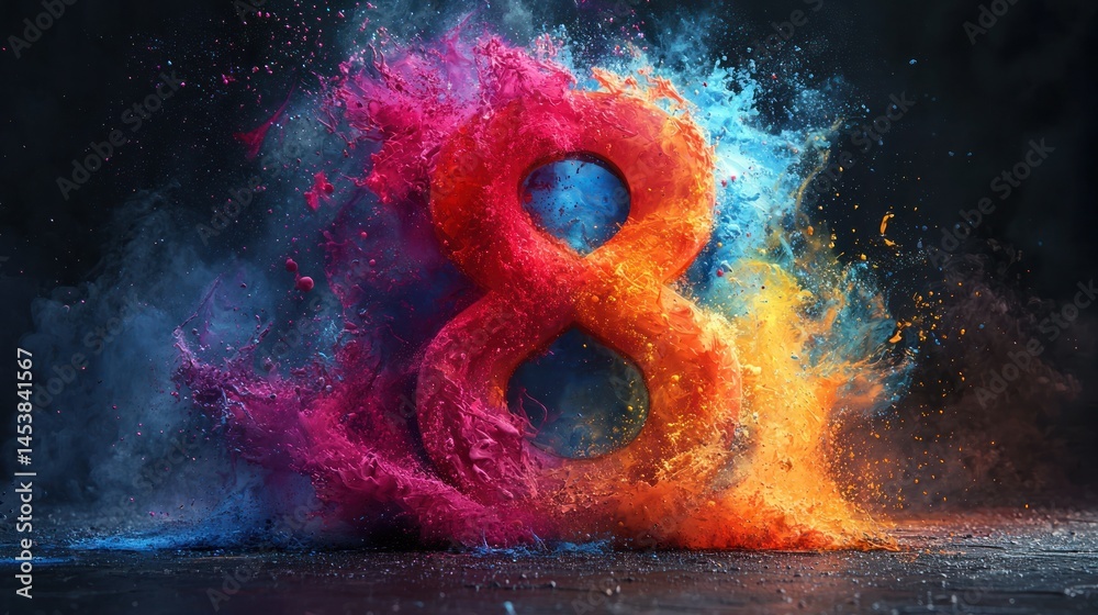 Fototapeta premium Vibrant number eight, formed with exploding colors. Surrounded by dynamic colorful powder bursts