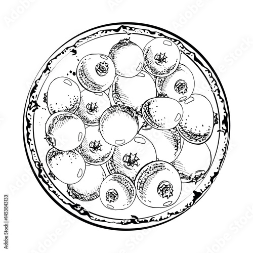 Cranberry lingonberry heap on ceramic plate, vector hand drawn in ink, ripe red forest berry bearberry teaberry wintergreen. Isolated illustration for restaurant menu, farmers market, home preserves