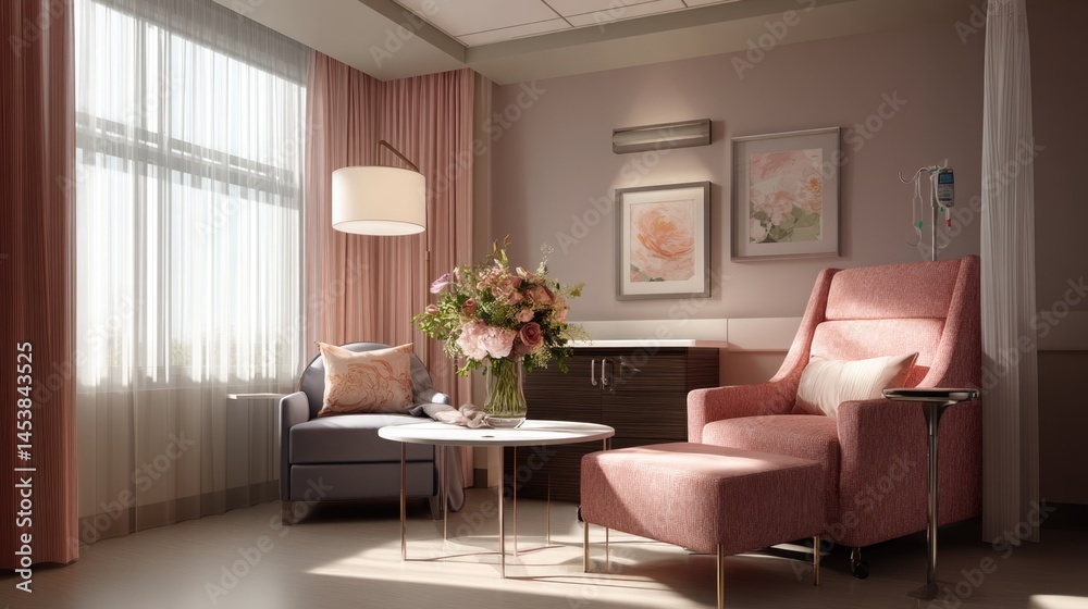 Fototapeta premium Serene Hospital Room Interior Design: Comfortable Armchair, Soft Lighting, and Elegant Decor