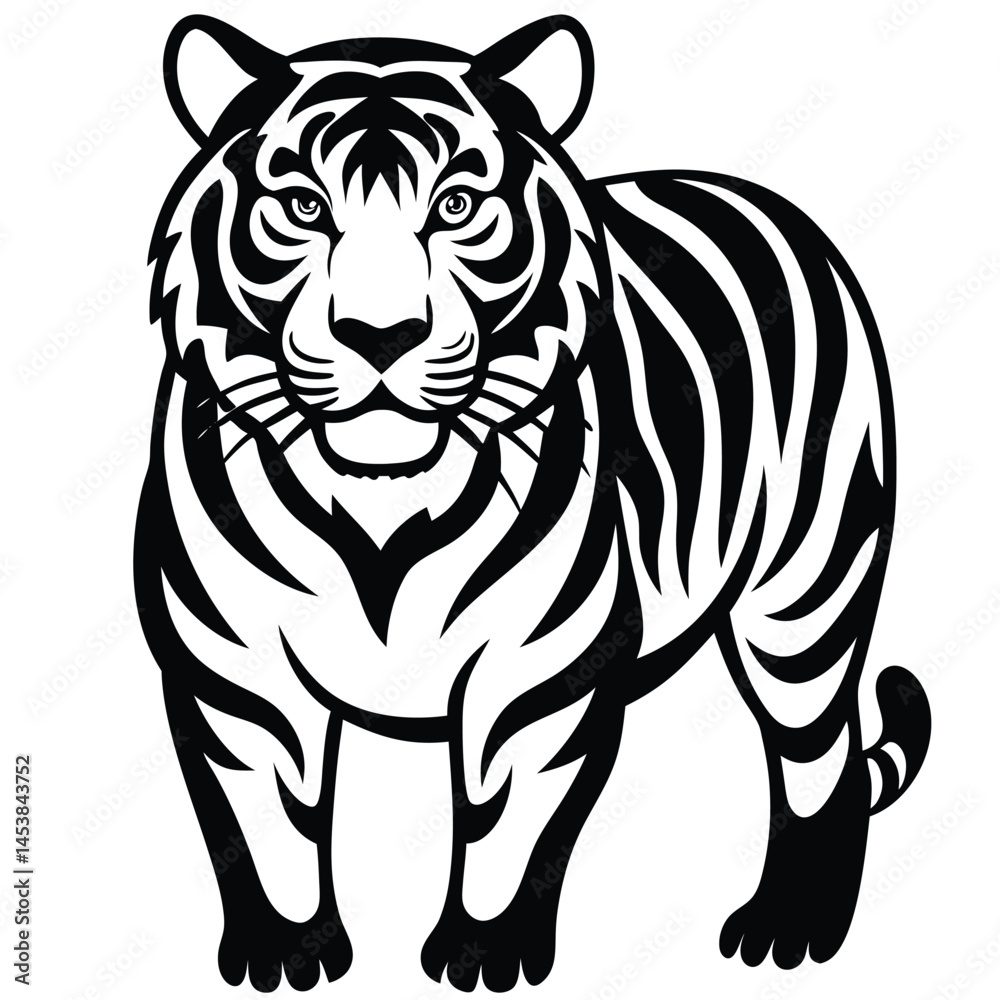 Obraz premium tiger head silhouette vector illustration, Wild animal tiger silhouette EPS vector isolated illustration template on a white background, Black and white silhouette of a tiger walking with its tail.