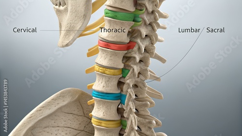 Human spine anatomy close-up with labeled cervical, thoracic, lumbar, and sacral regions, medical 3D illustration for education and healthcare