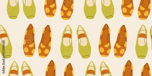 Seamless pattern with different summer types of modern fashionable women's shoes. Endless texture with trendy and stylish home shoes for printing. Colored flat vector illustration.