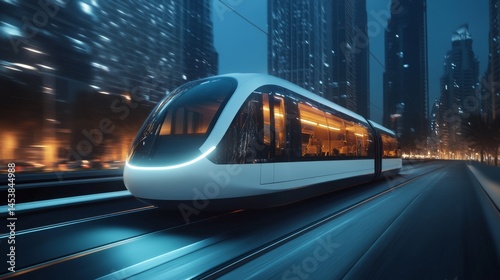 Sleek monorail glides through a futuristic cityscape, embodying advanced urban mobility and innovation.