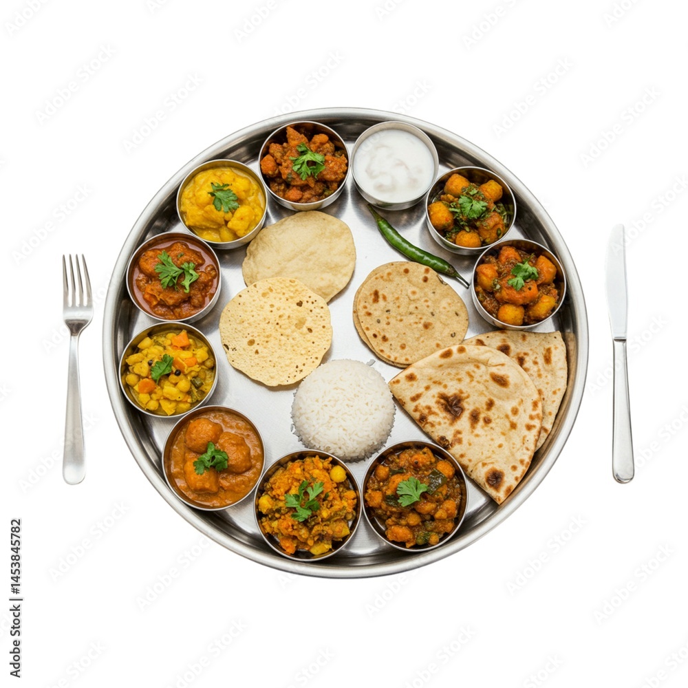Overhead view of a traditional indian thali meal with various dishes Overhead view of a traditional indian thali meal with various dishes