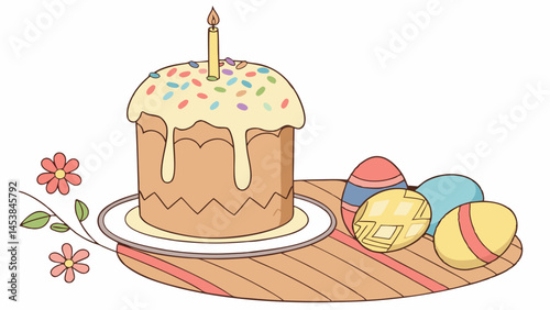 Easter cake with burning candle, colorful eggs, and flower, festive atmosphere for celebration,
