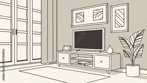 Modern living room interior, picture frames, and plant, creating cozy atmosphere