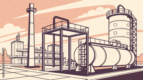 Oil and gas industry, industrial structures, storage tanks, and smokestack against sunset backdrop
