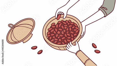 Gathering red beans in wooden bowl, hands working together in harmony, showcasing teamwork and collaboration