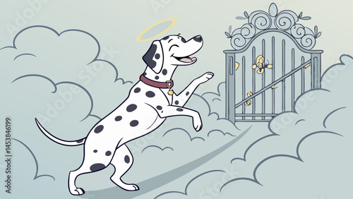 Joyful Dalmatian dog with angel halo stands in cloud filled environment, playfully approaching gate