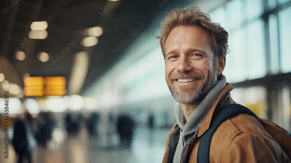 Fototapeta premium Smiling man in airport, upper body shot, looking forward with a confident expression