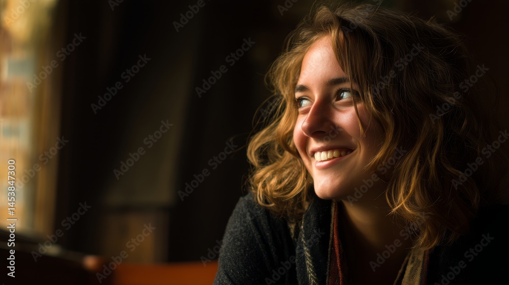 Fototapeta premium Smiling girl in cozy environment, focused expression, upper body shot