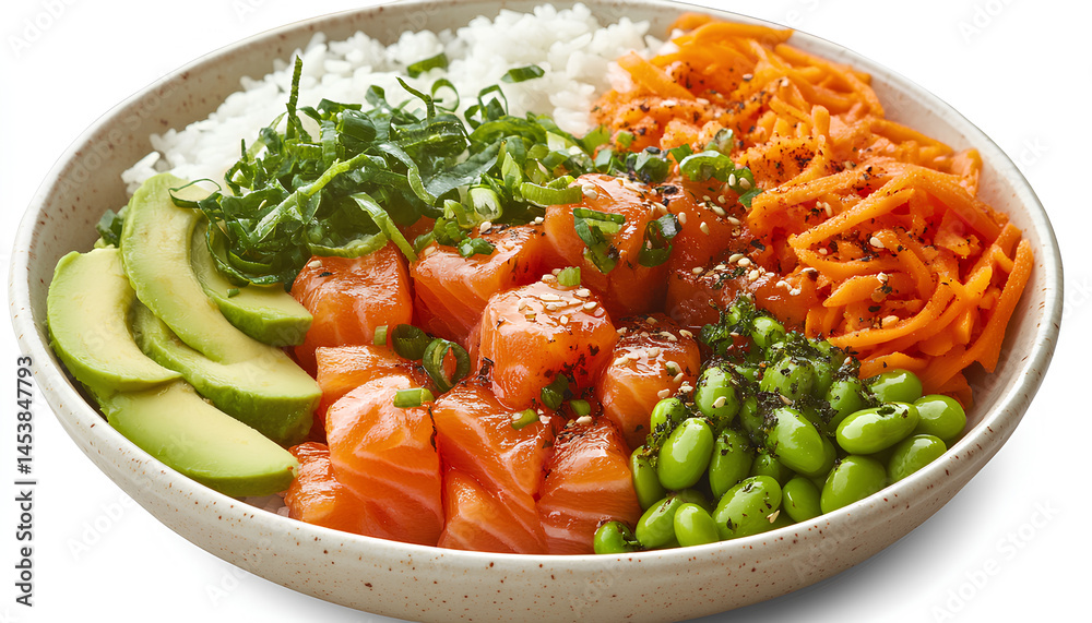 Firecracker salmon poke bowl with edamame, avocado carrot and rice Firecracker salmon poke bowl with edamame, avocado carrot and rice
