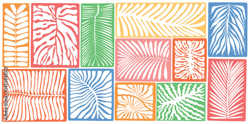 Hand drawn palm leaves doodle seamless pattern set. Colorful hawaiian print, summer vacation background collection in vintage art style. Tropical plant painting illustration bundle.