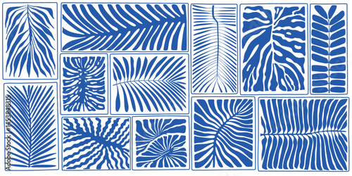 Hand drawn palm leaves doodle seamless pattern set. Summer vacation background collection in vintage art style. Tropical plant leaves painting illustration bundle.