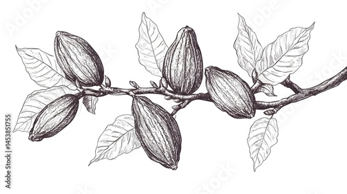 Detailed hand-drawn illustration of cacao pods on a branch.